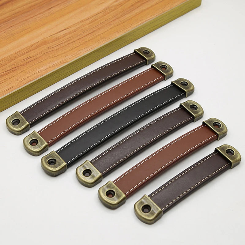 Poignée de Meuble en Cuir Cousu et Zamak Bronze, Noir, Marron ou Cognac, vue 4