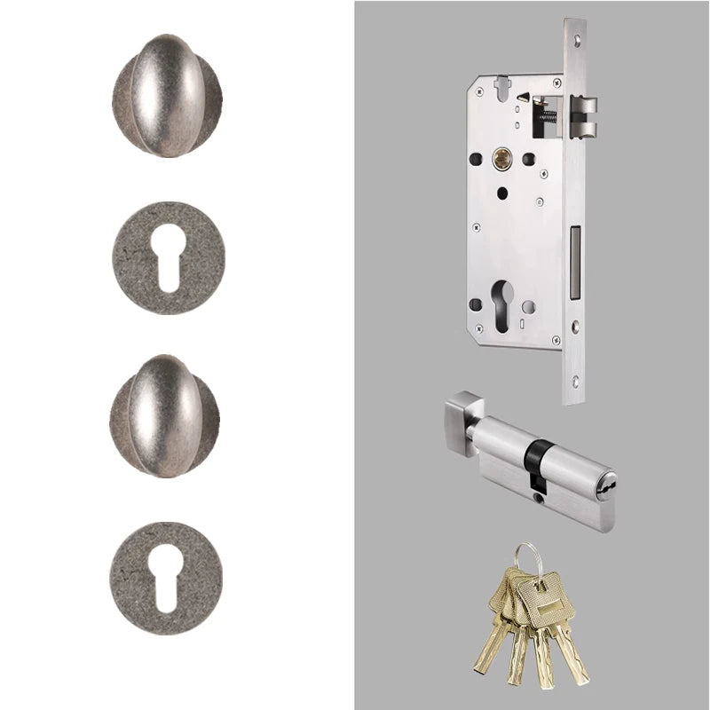 Poignée de porte ovale rétro en laiton vieilli avec serrure encastrable – Finition argent patiné
