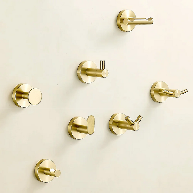 Patère murale en inox doré brossé, 7 modèles, crochet simple ou double