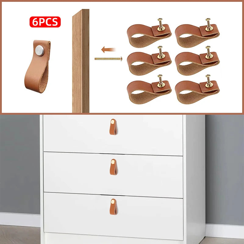 Poignée Lanière en Cuir Marron pour Tiroir, Lot de 6, Vis en Laiton