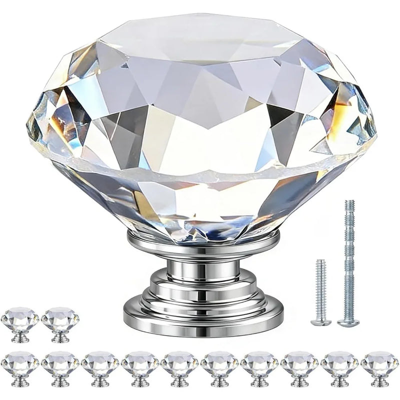 Bouton de Meuble Diamant Transparent, Base Chromée, Lot de 10 ou 20
