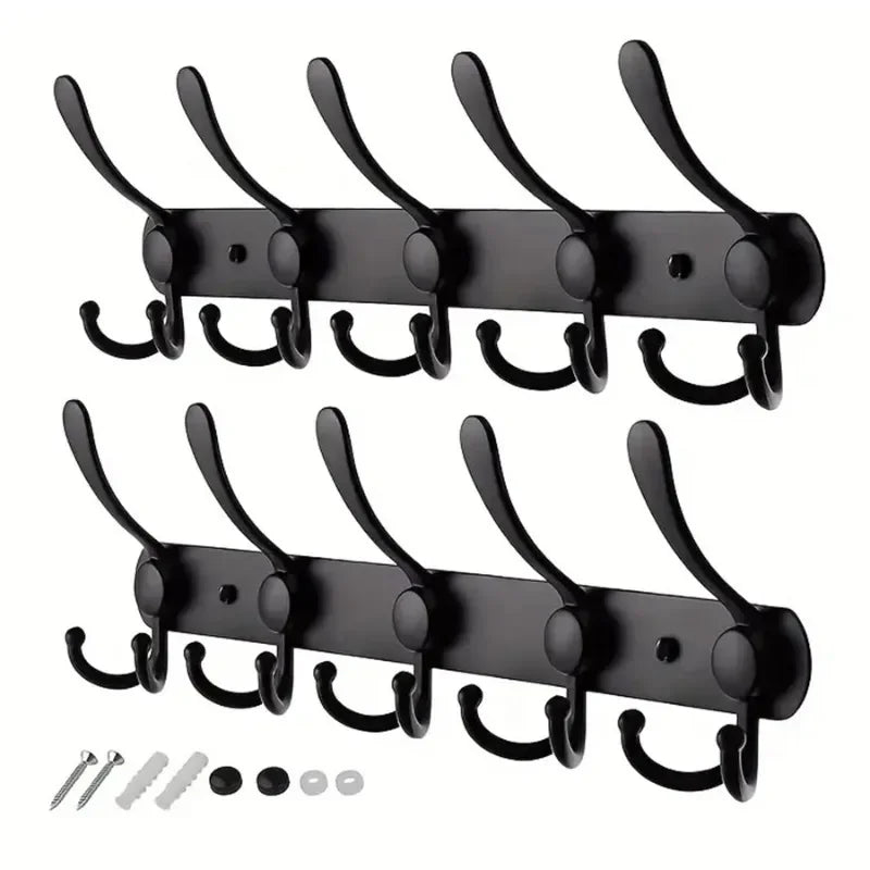 Patère murale à 5 triples crochets en inox noir, barre de 40 cm