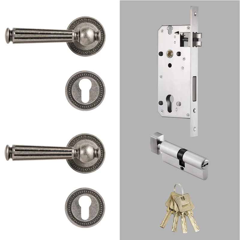 Poignée de porte rétro en laiton argent antique avec serrure encastrable – Style classique décoré complet