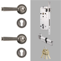 Poignée de Porte Laiton Argent Antique, Béquille Cannelée, Serrure et Clés