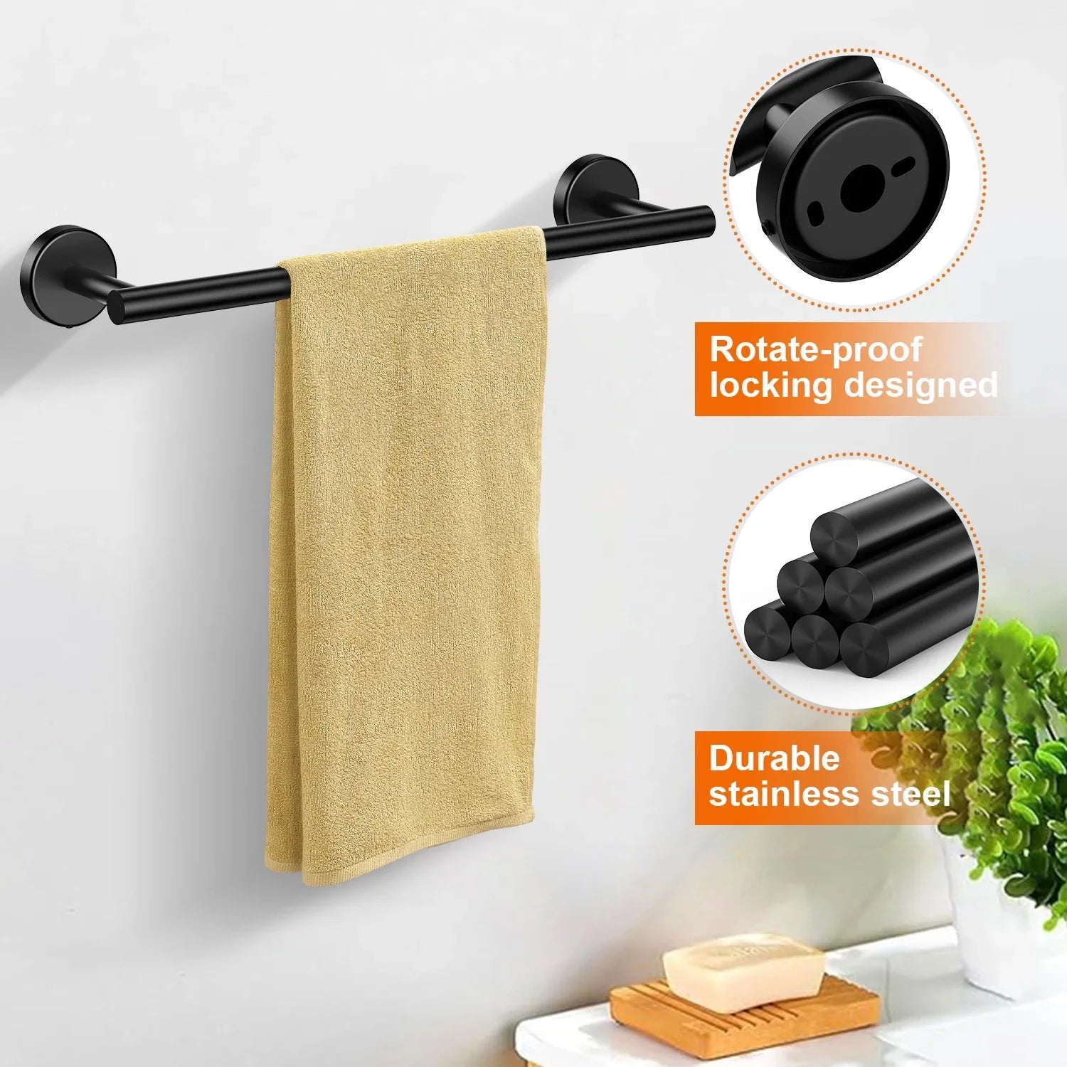 Porte-serviettes mural en inox 304, barre de 40 cm, noir mat ou argent