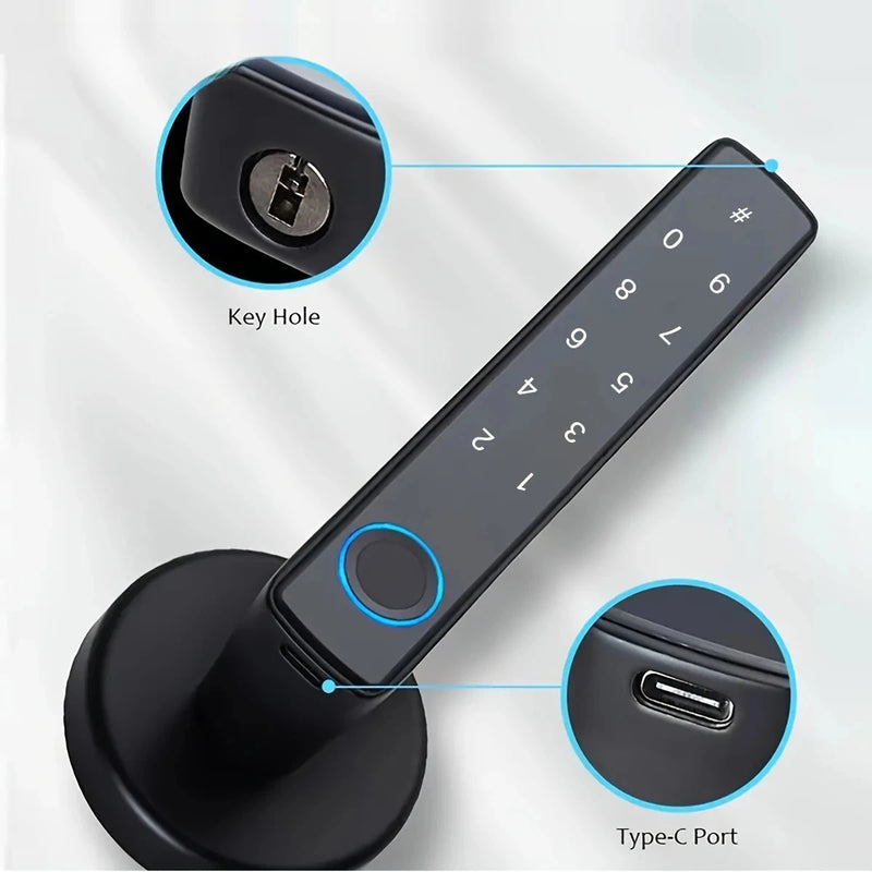 Serrure Connectée à Poignée Noire, Empreinte Digitale, Code et Clé, Bluetooth, vue 4