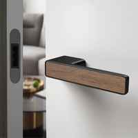 Poignée de Porte Rectangulaire Noir Mat à Insert Bois, sans Serrure