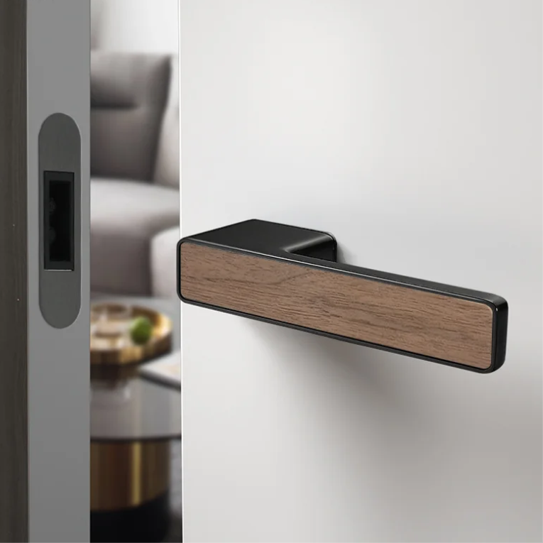 Poignée de Porte Rectangulaire Noir Mat à Insert Bois, sans Serrure