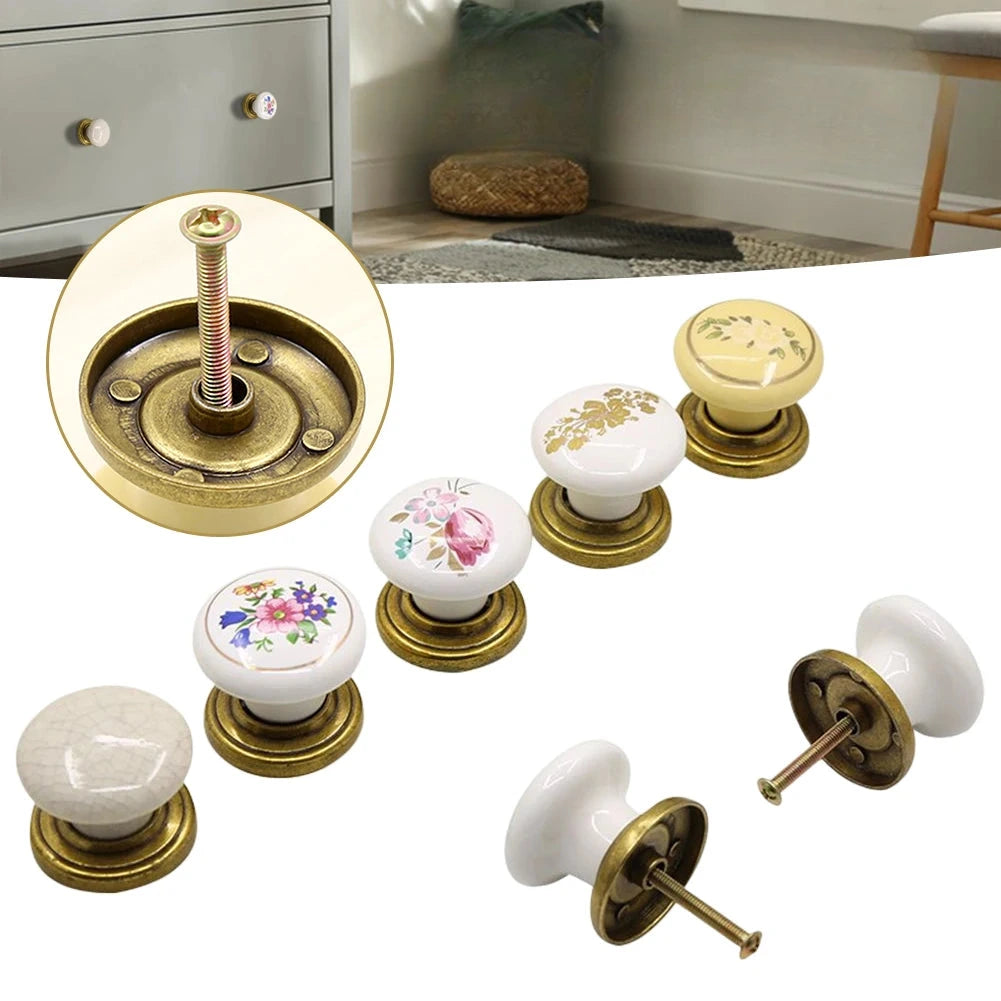 Bouton de Meuble Vintage en Céramique Décorée, Base Bronze Vieilli, 7 Motifs