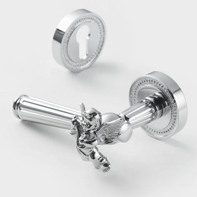 Poignée de porte intérieure chromée vintage avec serrure, ange sculpté
