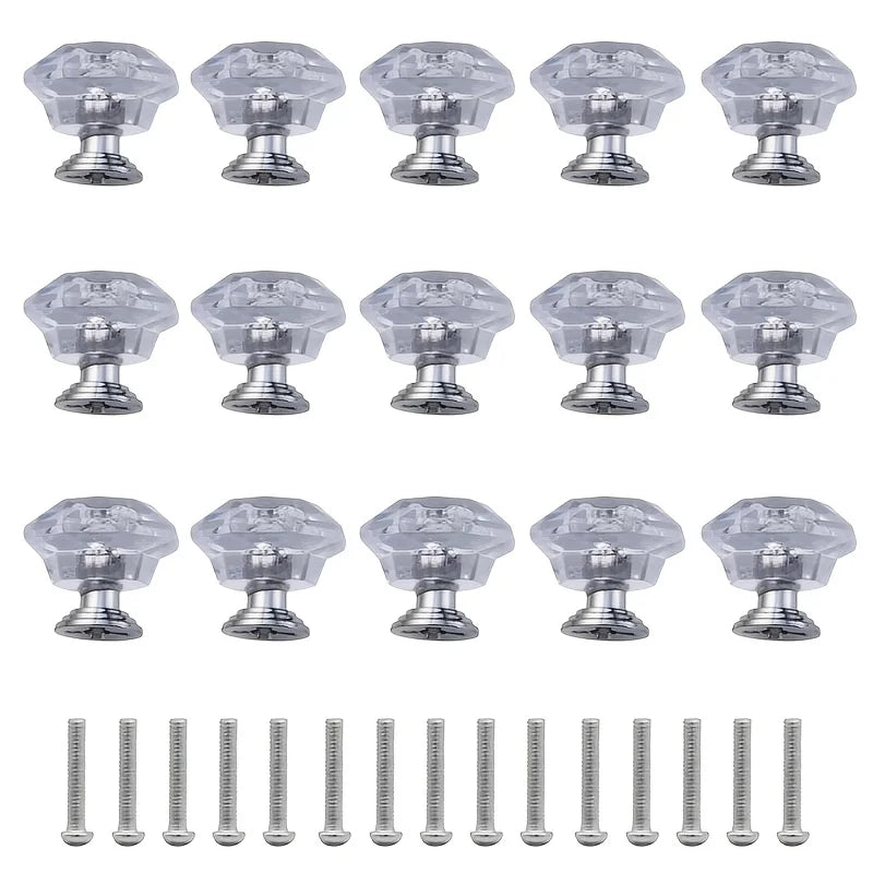 Bouton de Meuble Transparent à Facettes, Lot de 15, Argent ou Doré