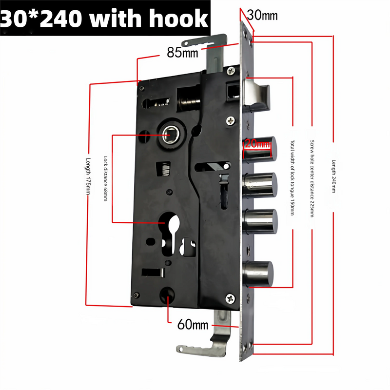 Serrure Encastrable 4 Pênes pour Porte de Sécurité, Axe 60 mm, 240 mm, vue 7