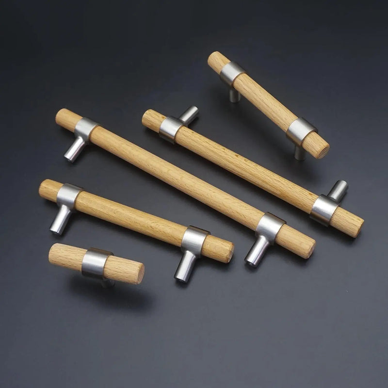 Poignée de Meuble Barre en T en Bois Massif, Hêtre ou Noyer, Entraxe 64 à 320 mm, vue 4