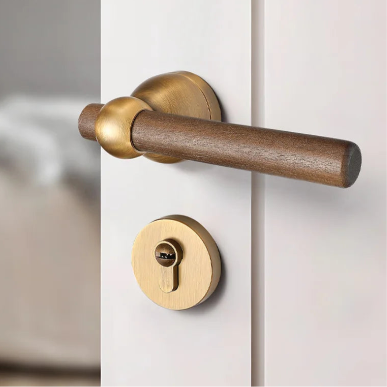 Poignée de Porte en Bois Brut, Base Dorée, sans Serrure