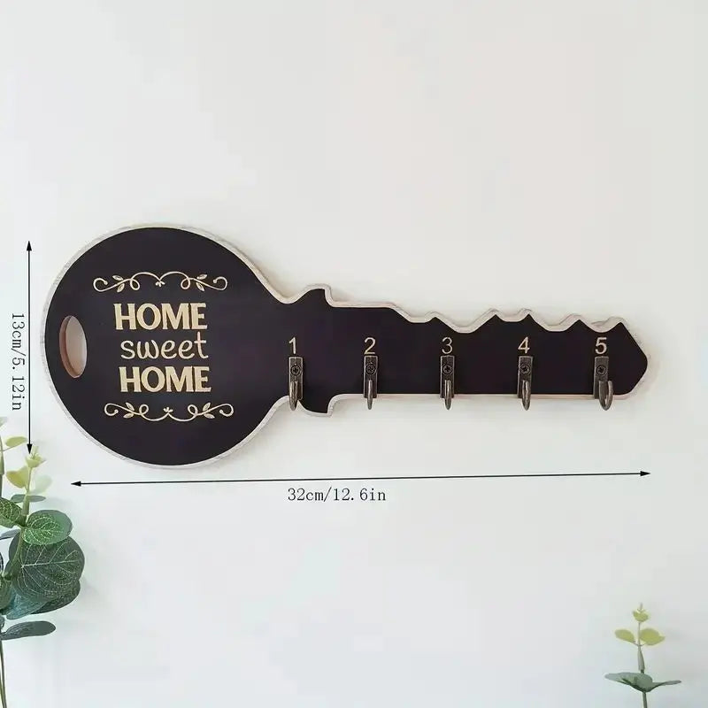 Porte-Clés Mural en Forme de Clé en Bois, 5 Crochets, Noir ou Blanc, vue 2