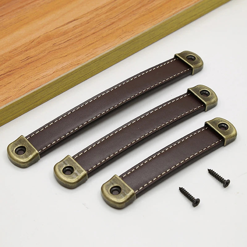 Poignée de Meuble en Cuir Cousu et Zamak Bronze, Noir, Marron ou Cognac, vue 5