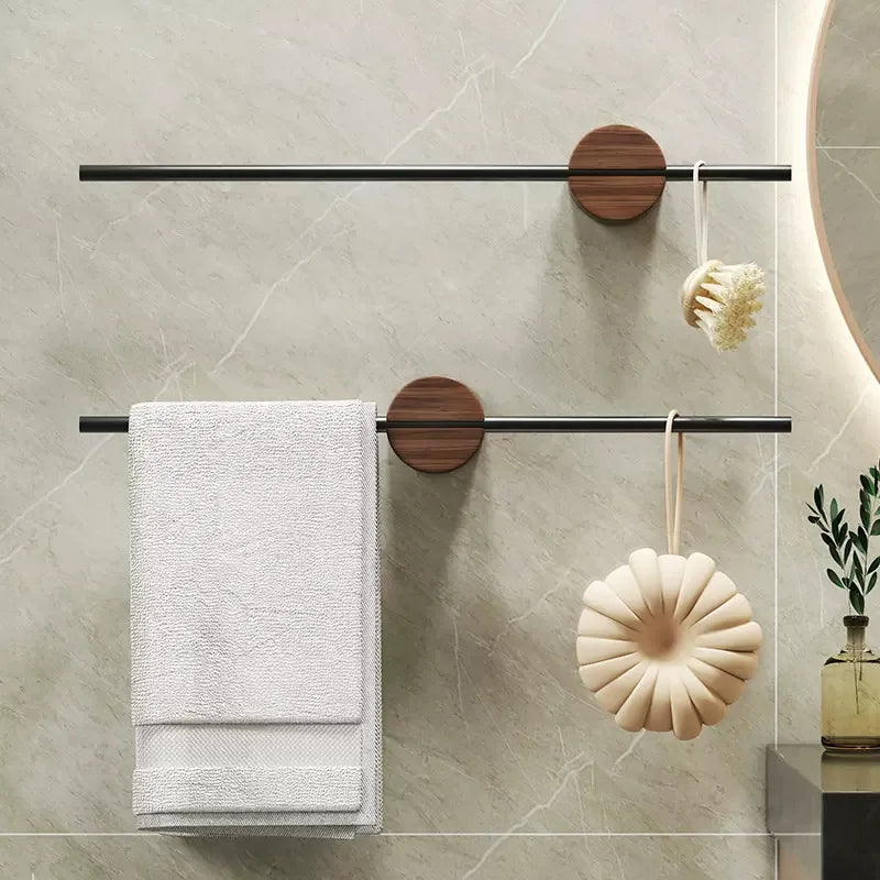 Porte-Serviettes Mural Barre Noire ou Dorée sur Support Rond en Noyer, 40 ou 50 cm, vue 4