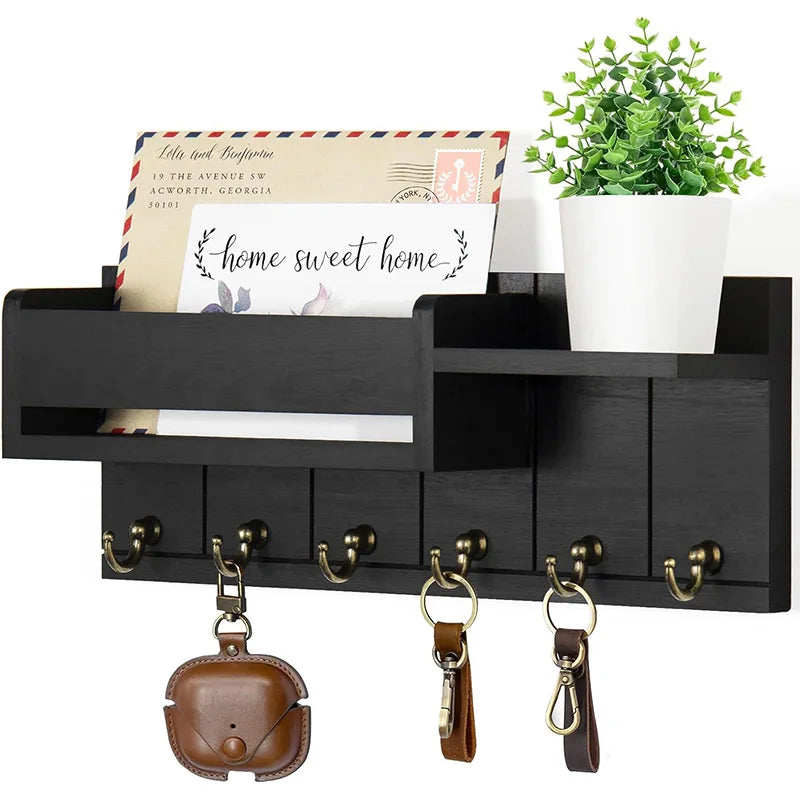 Porte-Clés et Porte-Courrier Mural en Bois, 6 Crochets, 4 Coloris
