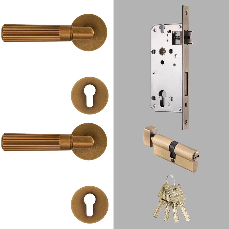 Poignée de porte rainurée en laiton bronze doré avec serrure encastrable – Kit rétro complet pour porte intérieure