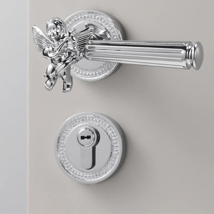 Poignée de porte intérieure chromée vintage avec serrure, ange sculpté