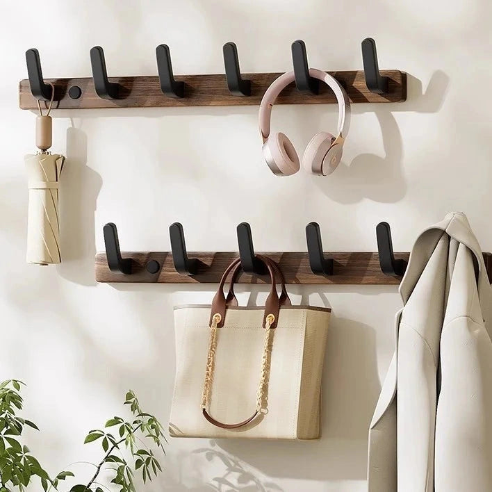 Porte-Manteau Mural en Chêne Teinte Noyer, 3 à 5 Crochets Noirs, 24 à 42 cm, vue 2