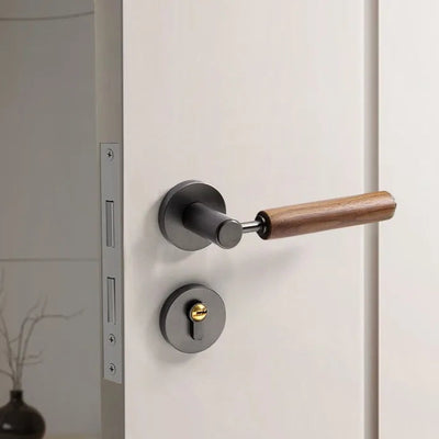 Poignée de porte en bois – Bois foncé et métal gris à verrouillage magnétique