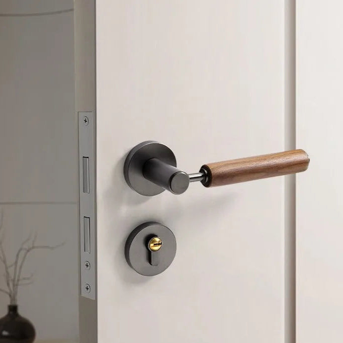 Poignée de porte en bois – Bois foncé et métal gris à verrouillage magnétique