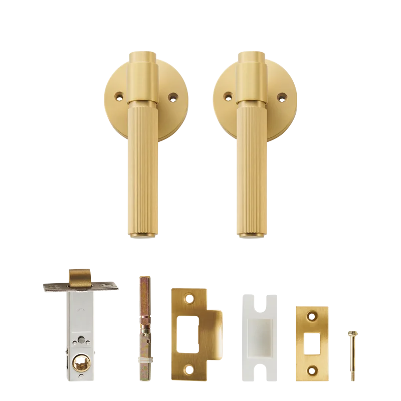 Poignée de porte dorée avec verrou – Design rainuré en laiton massif pour salle de bain ou chambre