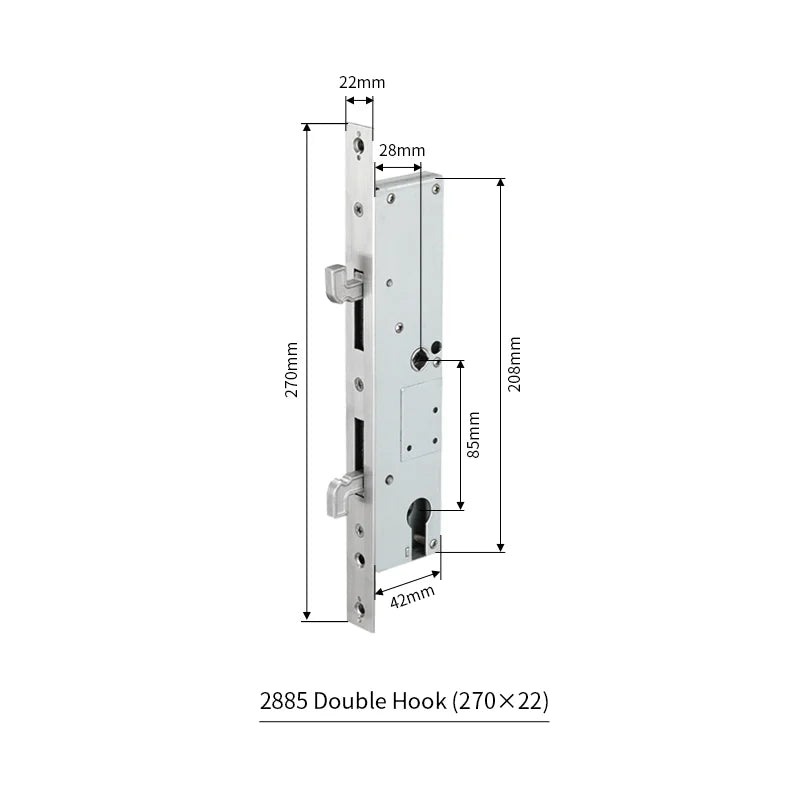 Serrure encastrable à crochet double – pour porte coulissante aluminium ou bois (axe 28 mm)
