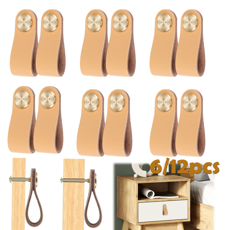 Poignée de Meuble en Cuir et Laiton, Lot de 6 ou 12