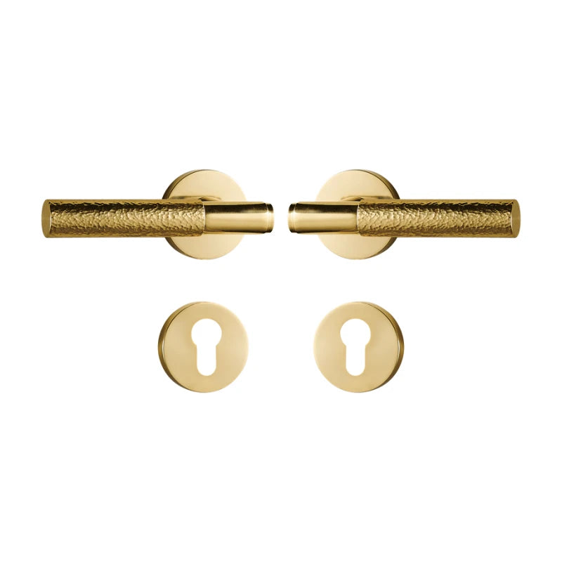Poignée de Porte Laiton Doré Brillant Martelé sur Rosace, sans Serrure