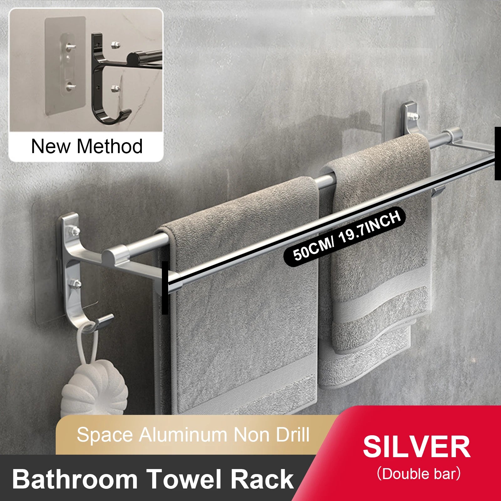 Porte-Serviettes Double Barre en Aluminium sans Perçage, 40 ou 50 cm