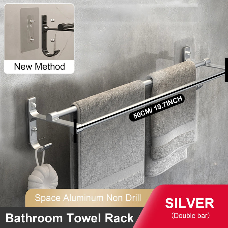 Porte-Serviettes Double Barre en Aluminium sans Perçage, 40 ou 50 cm