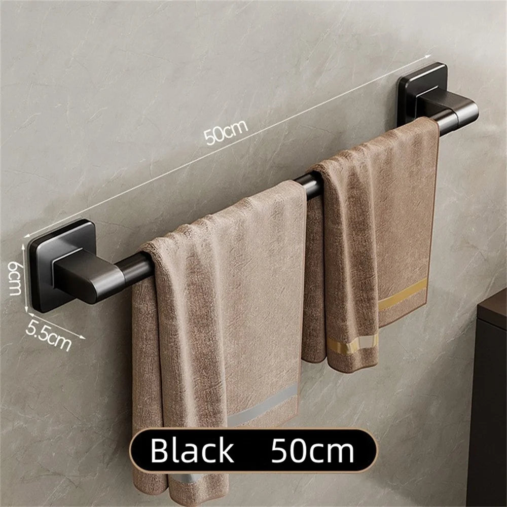Porte-Serviettes Mural Sans Perçage en Aluminium Noir, Barre de 50 cm