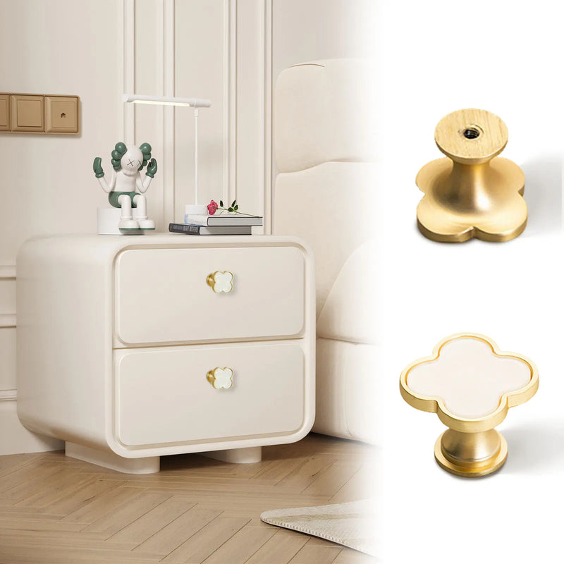 Bouton de Meuble Trèfle en Laiton Doré et Blanc, Lot de 1 ou 5
