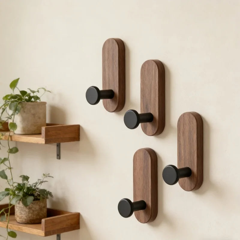 Patère Murale Adhésive en Bois de Noyer ou Bois Clair, Tête Ronde, 80 mm