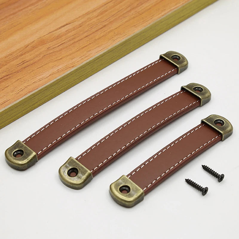 Poignée de Meuble en Cuir Cousu et Zamak Bronze, Noir, Marron ou Cognac