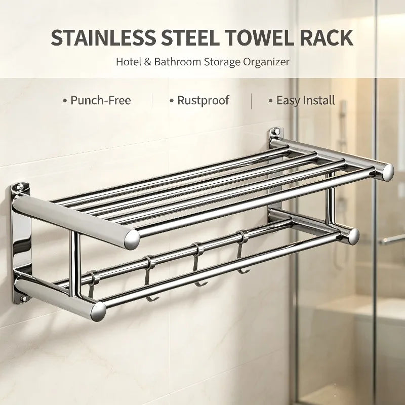 Porte-Serviettes Mural en Inox 304 avec Étagère, Barre et Crochets, 40, 50 ou 60 cm