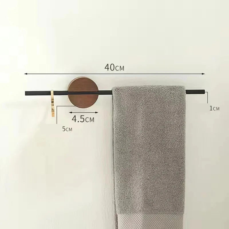 Porte-Serviettes Mural Barre Noire ou Dorée sur Support Rond en Noyer, 40 ou 50 cm, vue 10