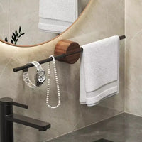 Porte-Serviettes Mural Barre Noire ou Dorée sur Support Rond en Noyer, 40 ou 50 cm, vue 3