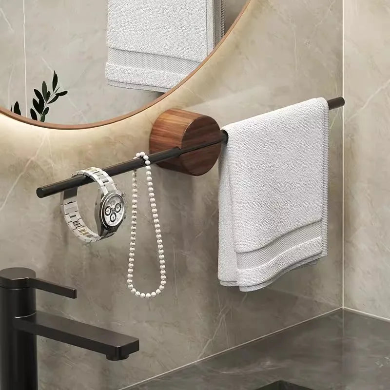 Porte-Serviettes Mural Barre Noire ou Dorée sur Support Rond en Noyer, 40 ou 50 cm, vue 3