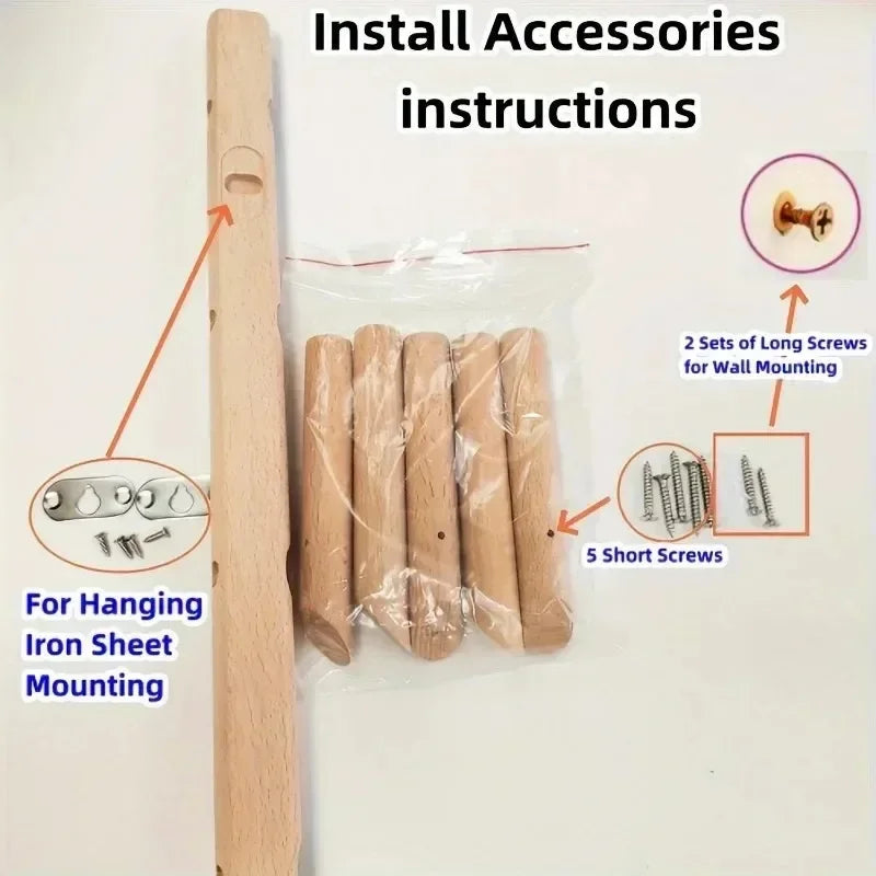 Porte-Manteau Mural en Bois Massif, 5 Patères Inclinées, Barre de 50 cm, vue 5