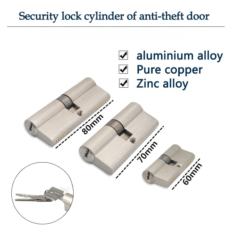 Cylindre de Porte Européen Double Entrée, Zamak Brossé, 60 à 90 mm, 5 Clés