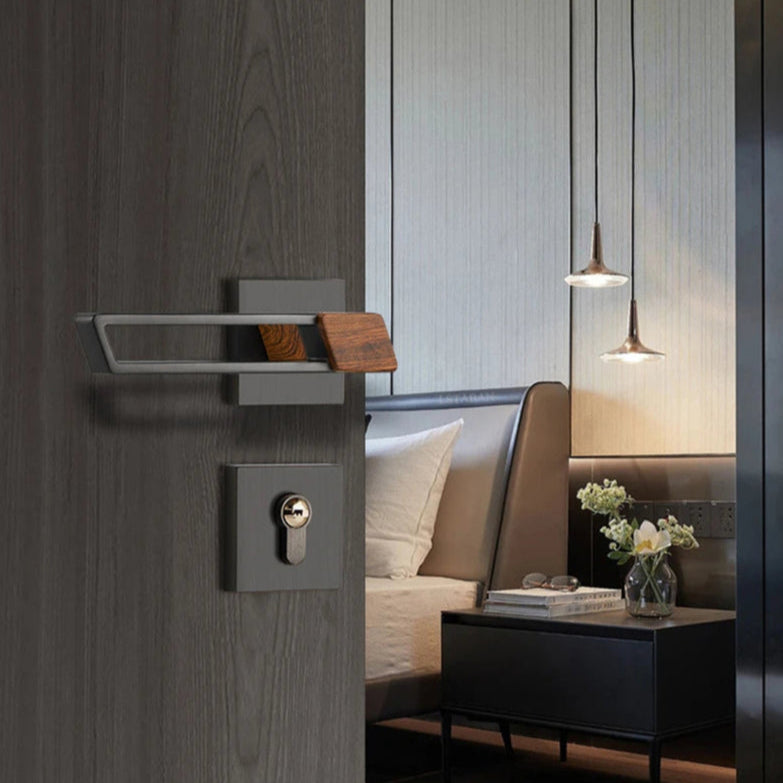 Poignée de Porte Carrée Gris Mat et Bois avec Serrure à Clé