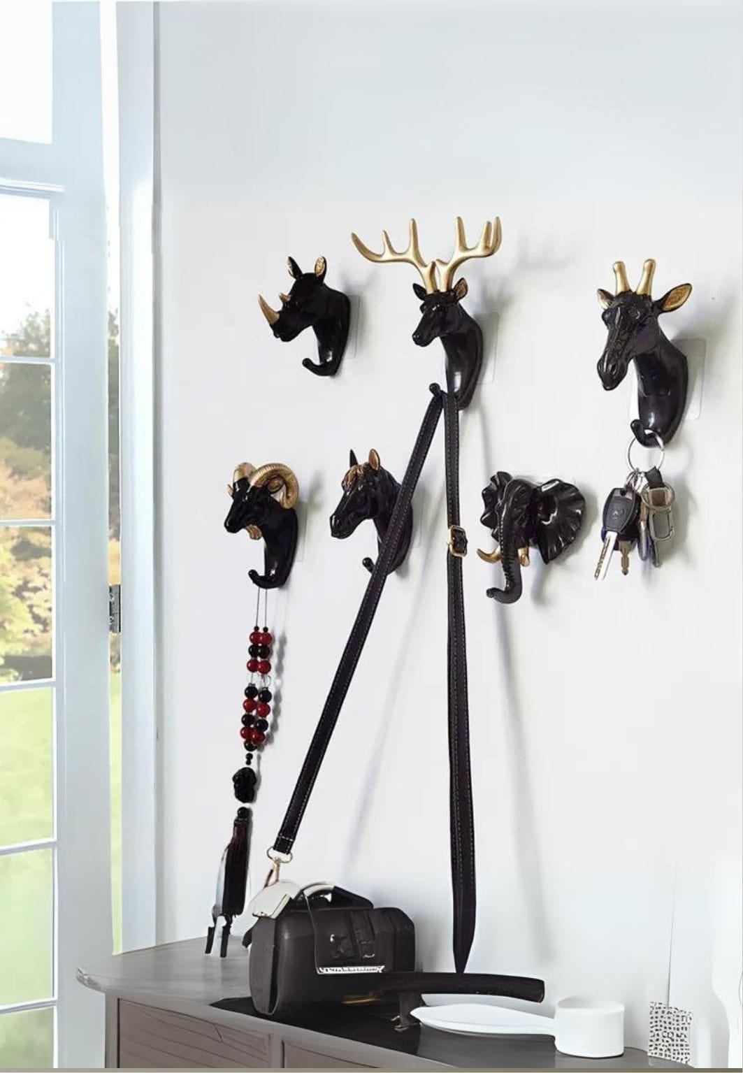 Patère Murale Design Noir et Doré, Lot de 6 Têtes d'Animaux