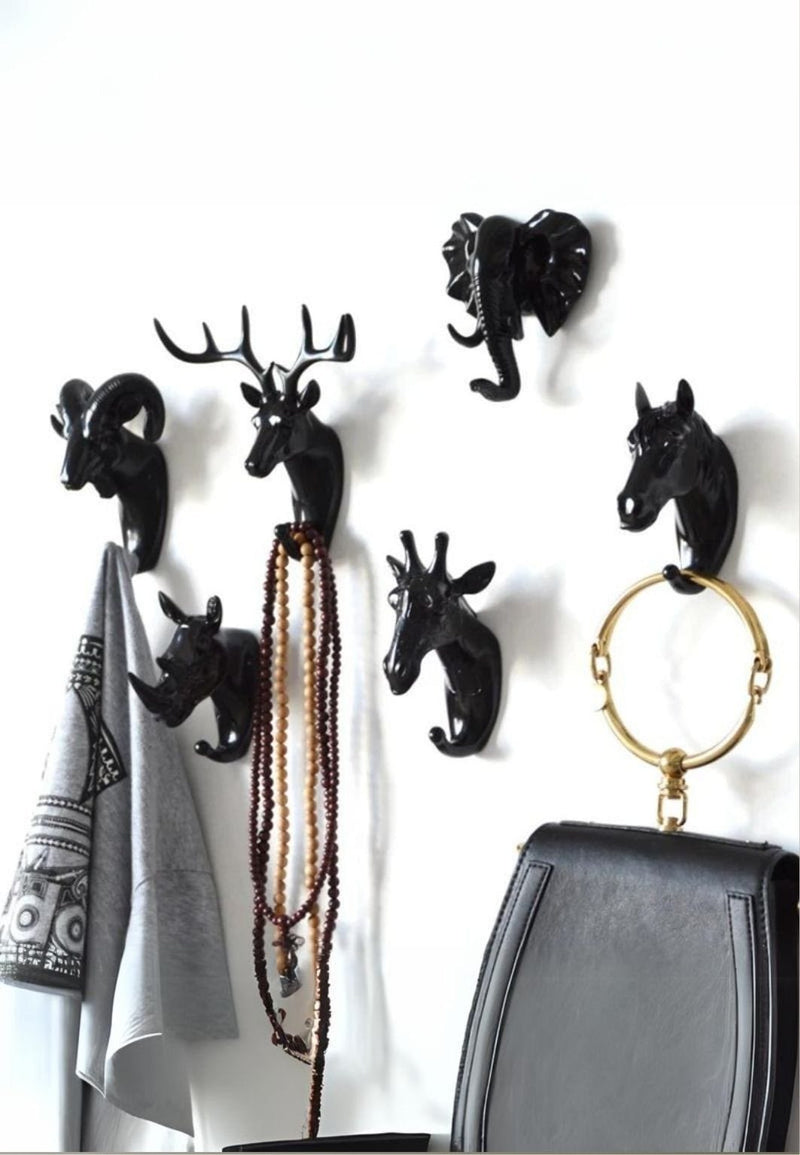 Lot de 6 Patères Murales Têtes d'Animaux Noires, Finition Brillante