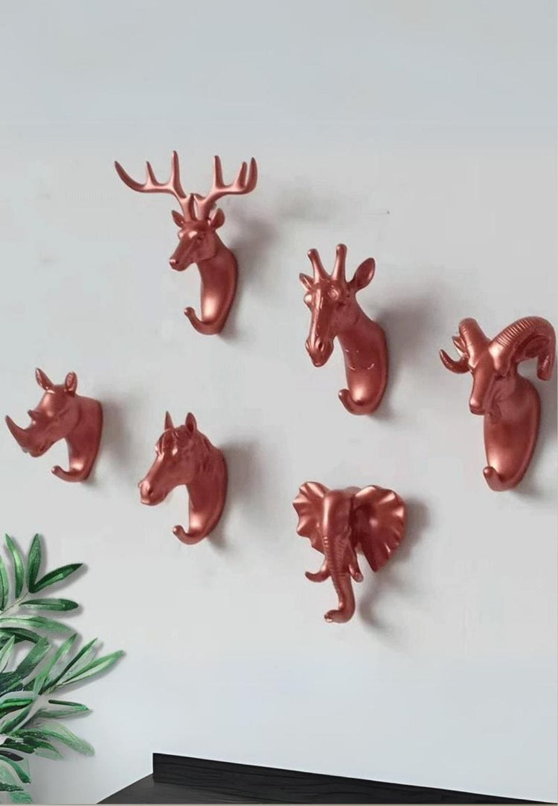 Patère Murale Têtes d'Animaux Rose Doré, Lot de 6 Crochets