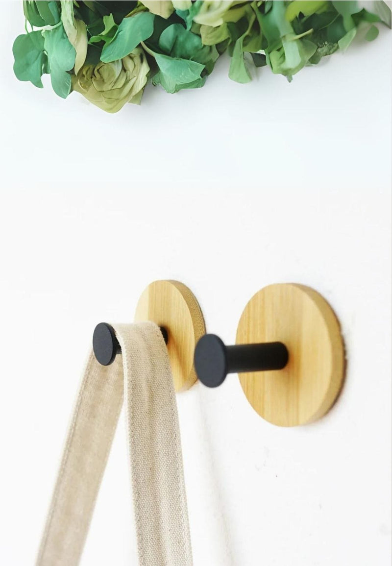 Patère Murale Ronde en Bois de Bambou, Crochet Blanc Sans Perçage, vue 2