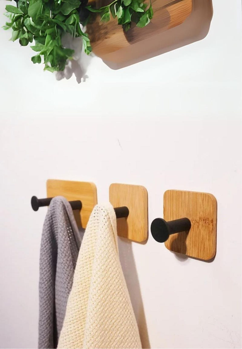 Patère Murale Carrée en Bois de Bambou, Crochet Noir Sans Perçage, vue 2