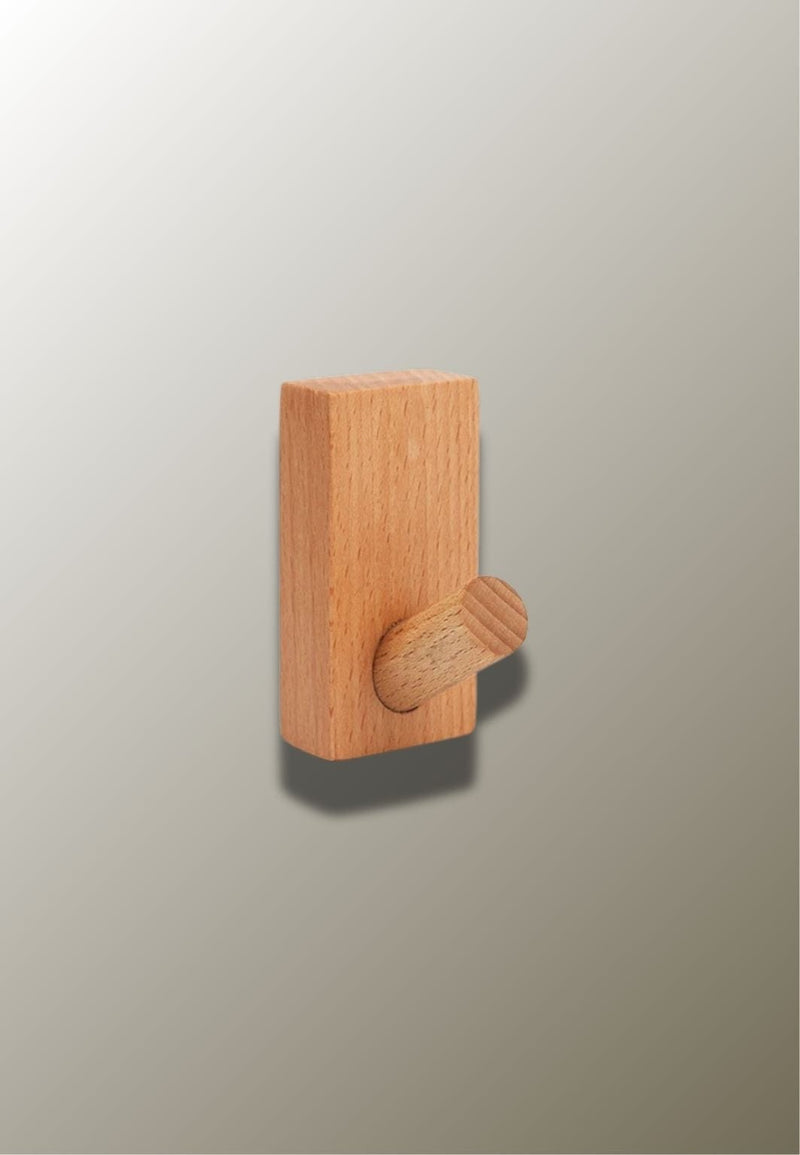 Patère Murale en Bois de Hêtre Naturel, Plaque Rectangulaire et Crochet Incliné
